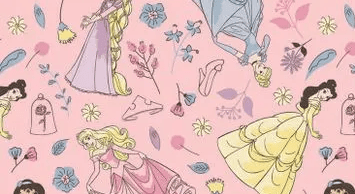 A pink background with different colored images of princesses.